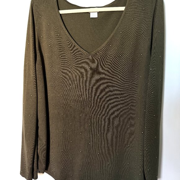 CHICO"S Sweater Women's knitted dark green long sleeve cardigan size 2 - Picture 3 of 14